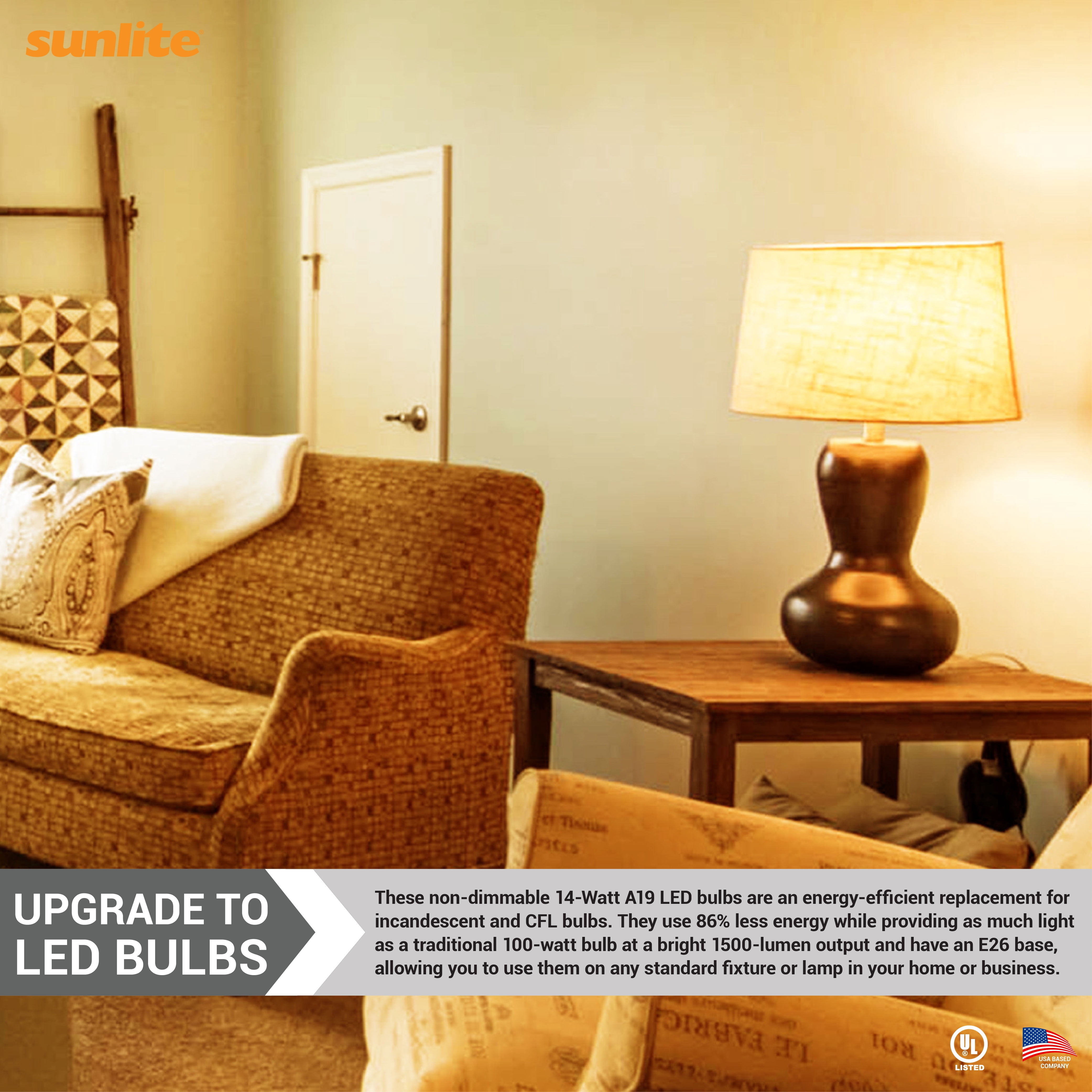 Sunlite 41912 LED A19 Light Bulbs, 14 Watts (100W Equivalent), 1500 Lumens, Medium Base (E26), Non-Dimmable, UL Listed, 2700K - Soft White, 6 Pack