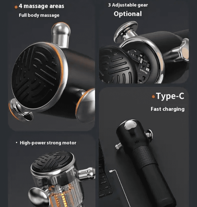 Professional Grade Deep Tissue Massage Gun - 3 Speed Percussion Therapy Device with 4 Interchangeable Heads, Type-C Charging, for Muscle Recovery & Pain Relief