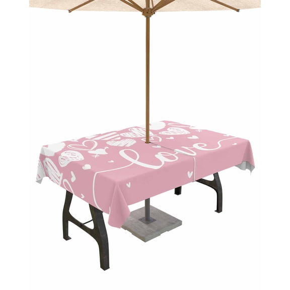 Boanket Outdoor Tablecloth with Umbrella Hole for Patio/Picnic/Party/Camping, Pink Valentines Waterproof Table Cloth Rectangle Table Cover Washable, White Love Heart (52"x 70")