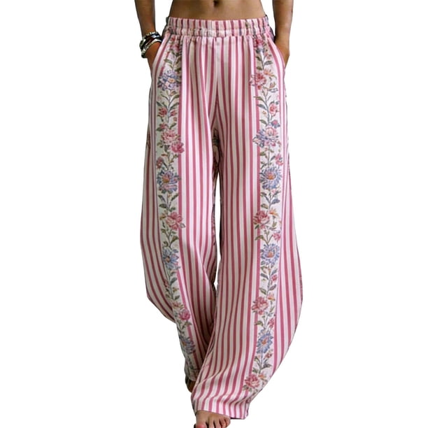 Pantalones de Piernas Anchas de las Mujeres Impresión Floral de Algodón Lino Suelto Casual de Cintura Alta Pantalones Largos Cónicos para Primavera Verano