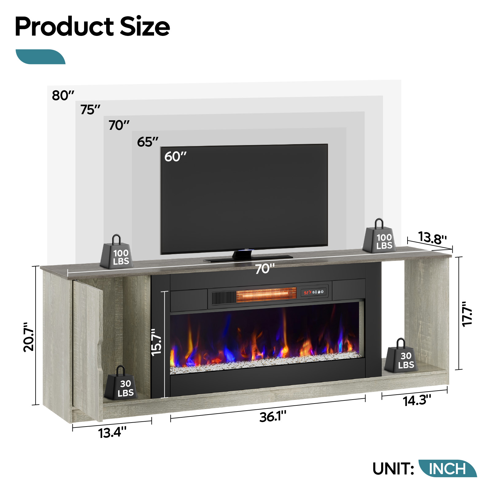 Bestier Entertainment Center with Fireplace, 70" Modern TV Stand with Storage for 80-Inch TVs, Features Timer & Remote, Ideal for PS5 Gaming, in Gray Wood
