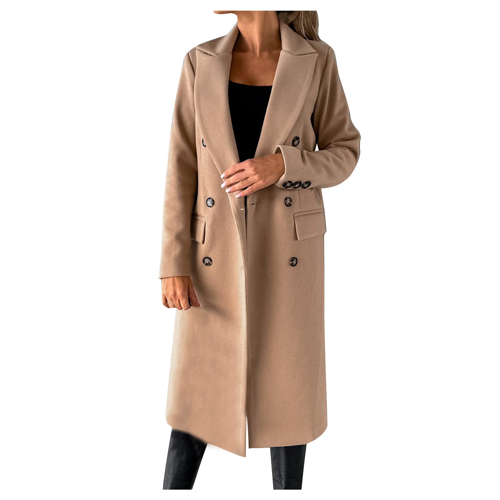 Hfyihgf Women's Double Breasted Trench Coat Classic Notch Collar Long Sleeve Peacoats Winter Warm Slim Fit Long Woolen Jackets Coat with Pockets Clearance(Khaki,L) - image 1 of 5