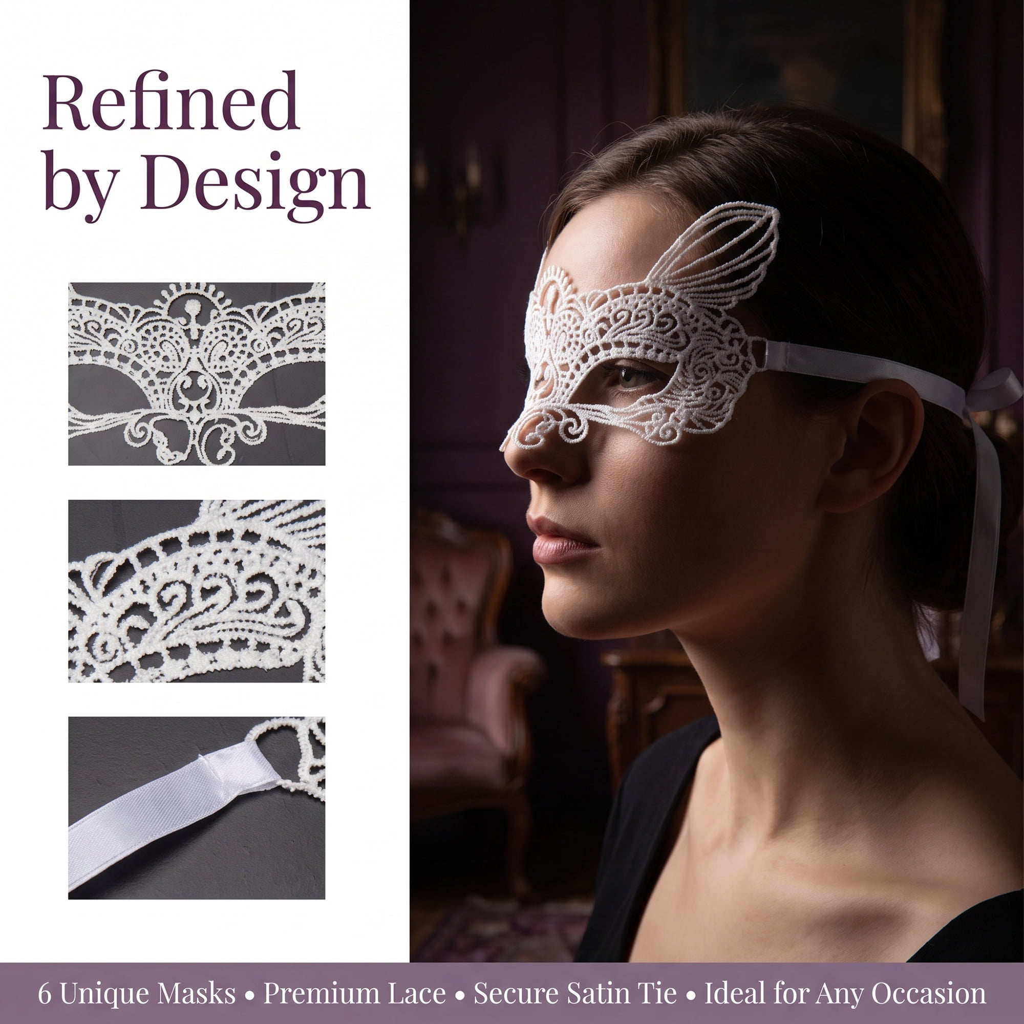 Unique Bargains 6-Pack Venetian Lace Eye Masks for Party White Cat Head 8.7" x 5.1"