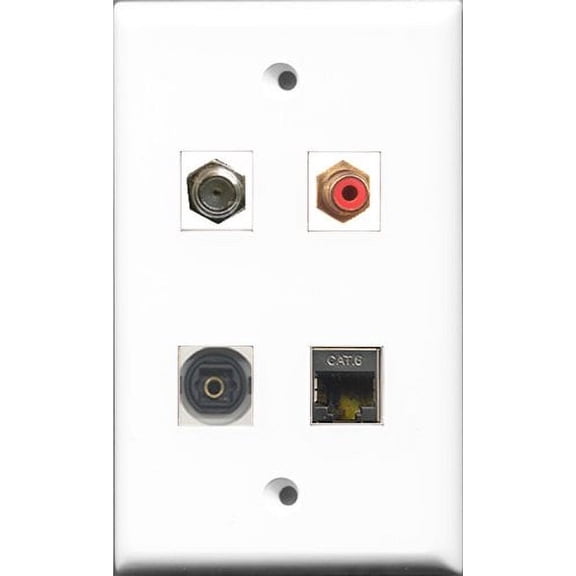 RiteAV 1 Port RCA Red and 1 Port Coax Cable TV- F-Type and 1 Port Shielded Cat6 Ethernet and 1 Port Toslink Wall Plate
