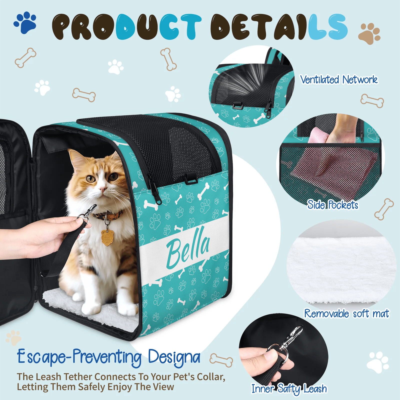 Customized Pet Carrier Backpack with Name,Dog Carrier Backpack for Small Dogs Cats Puppies,with Breathable Mesh, Pockets,Removable Mat,Hold Pets Up to 13 Lbs for Hiking, Travel, Outdoor