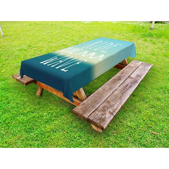 Ride The Wave Outdoor Tablecloth, Ride the Wave Quote with Ocean Horizon Background Graphic Art, Decorative Washable Fabric Picnic Tablecloth, 58 X 104 Inches, Petrol Blue Mint Turquoise, by Ambesonne