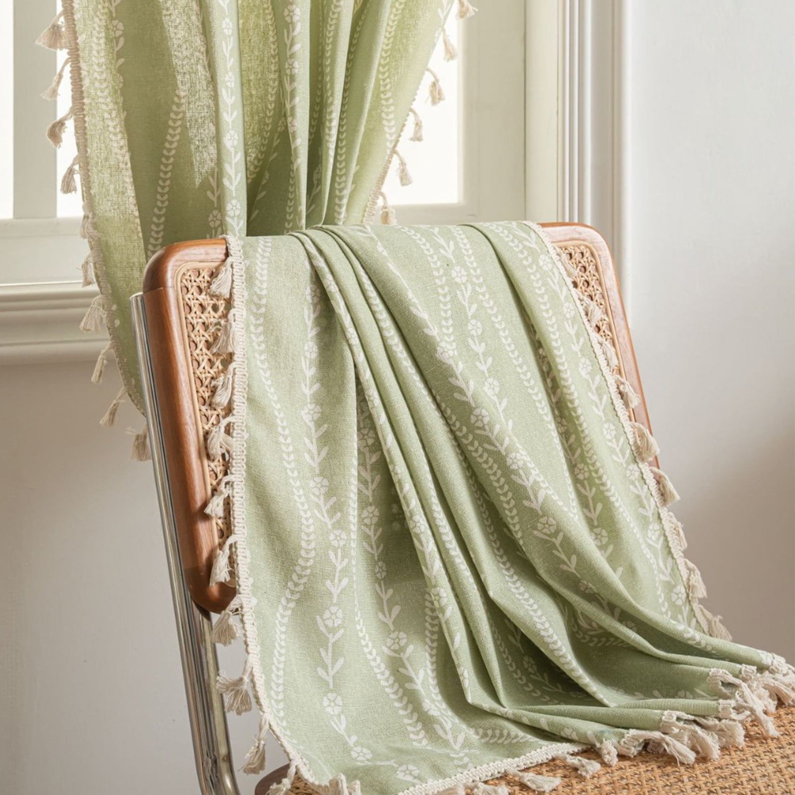 PixelForge Linen Curtains Floral Patterned Window Curtains, 84 Inch Length, Farmhouse Style, Semi-Blackout Light Filtering,1 Panel for Living Room,Green