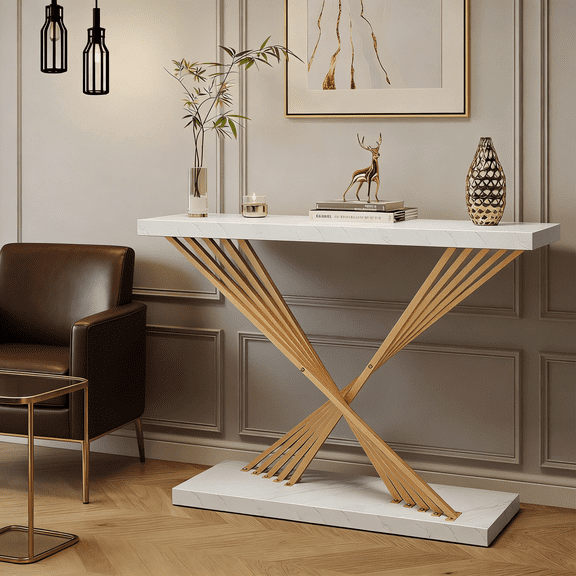 39.4 Inch Console Entryway Table, White Faux Marble Modern Sofa Tables Behind The Couch, Accent Side Table for Entrance Hallway Living Room, X-Shape