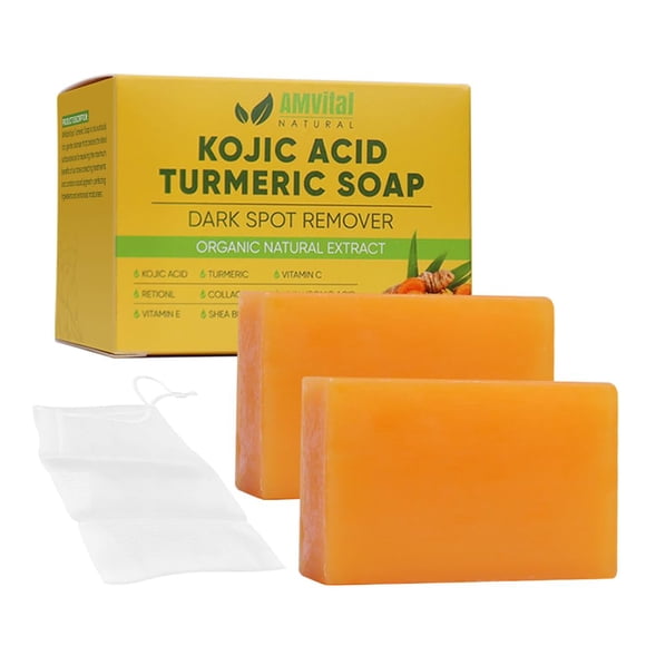 AMVital Barras de jabón de ácido kójico de cúrcuma con vitamina C, retinol, colágeno, ácido hialurónico, manteca de karité, ácido kójico y jabón de cúrcuma para manchas oscuras, jabón limpiador de áci
