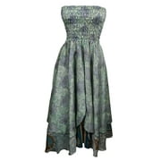 Mogul Womens Maxi Skirt Vintage Silk Sari Green Two Layered Beach Dress
