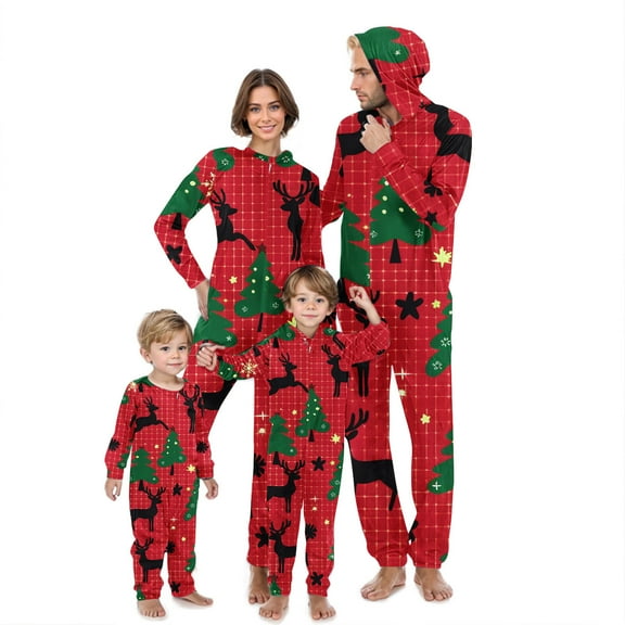 Odeerbi Christmas Onesie Pajamas for Family Holiday Hooded Sleep Jumpsuit Long Sleeve Family Christmas Pajamas Matching Sets Dad Print Jumpsuit Sleepwear Xmas PJs Set Orange