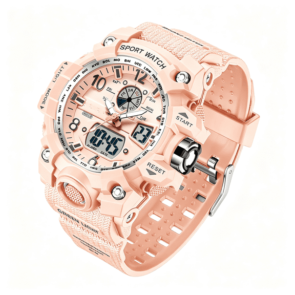 DESIGNICE Womens Digital Sports Watch 5Atm Waterproof Watch Led Light Large Face Analog Multifunctional Wrist Watches with Alarm Stopwatch Calendar Hourly Chime