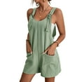 thumbnail image 2 of Women's Summer Short Overalls with Pockets Sleeveless Tie Knot Strap Rompers Solid Color Loose Fit Wide Leg Jumpsuit for Daily Wear-Light Green,L, 2 of 7