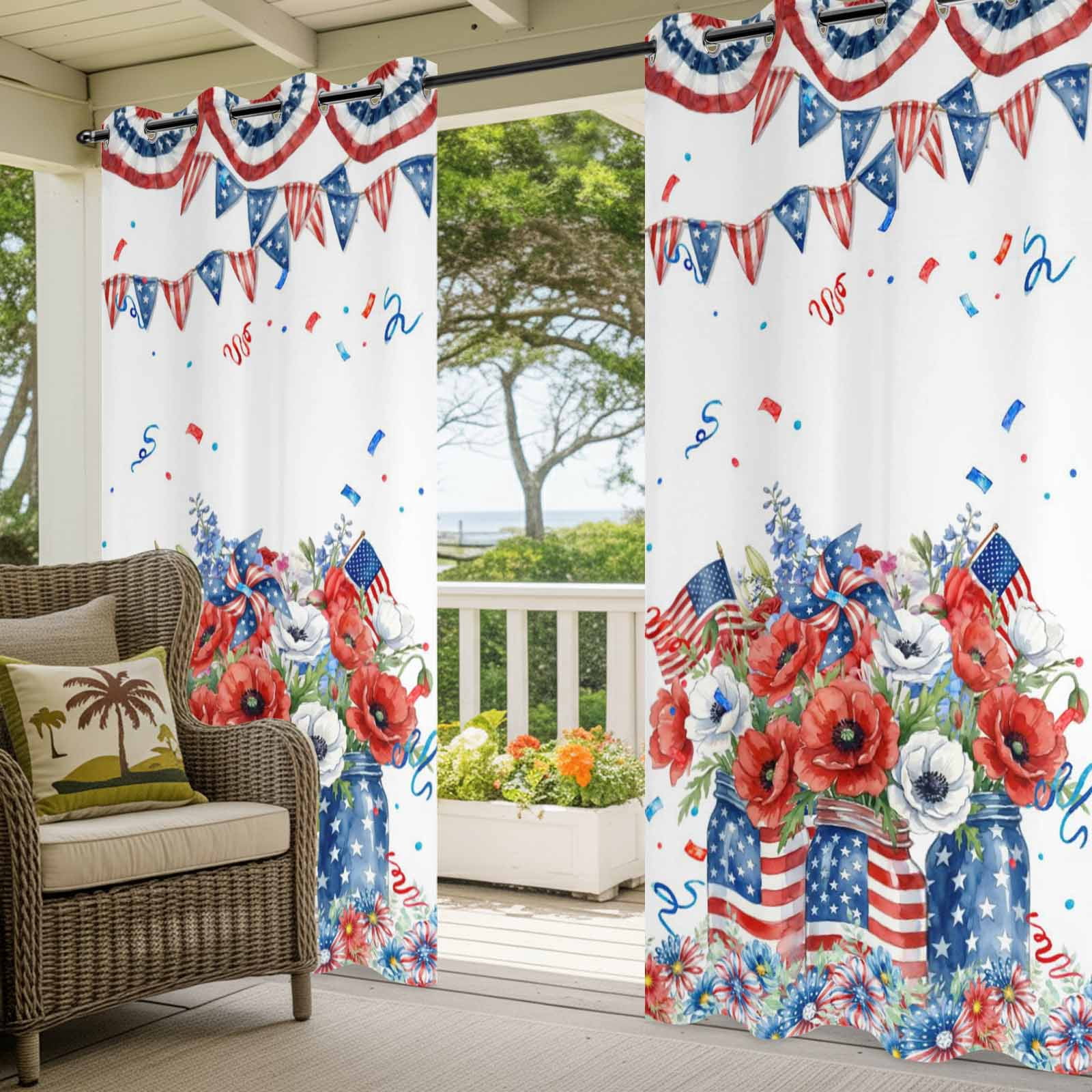 Independence Day Outdoor Curtains for Patio, U. S. Flag Red White Poppy Flowers Watercolor Sunshade Privacy Drapes Grommet Waterproof Outside Curtains for Porch/Cabana/Balcony 54"x 108", 1 Panel