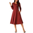 thumbnail image 2 of Vestido midi de manga larga con volantes y escote en V de inspiración chic para mujer, color rojo vino, talla XL, 2 of 5