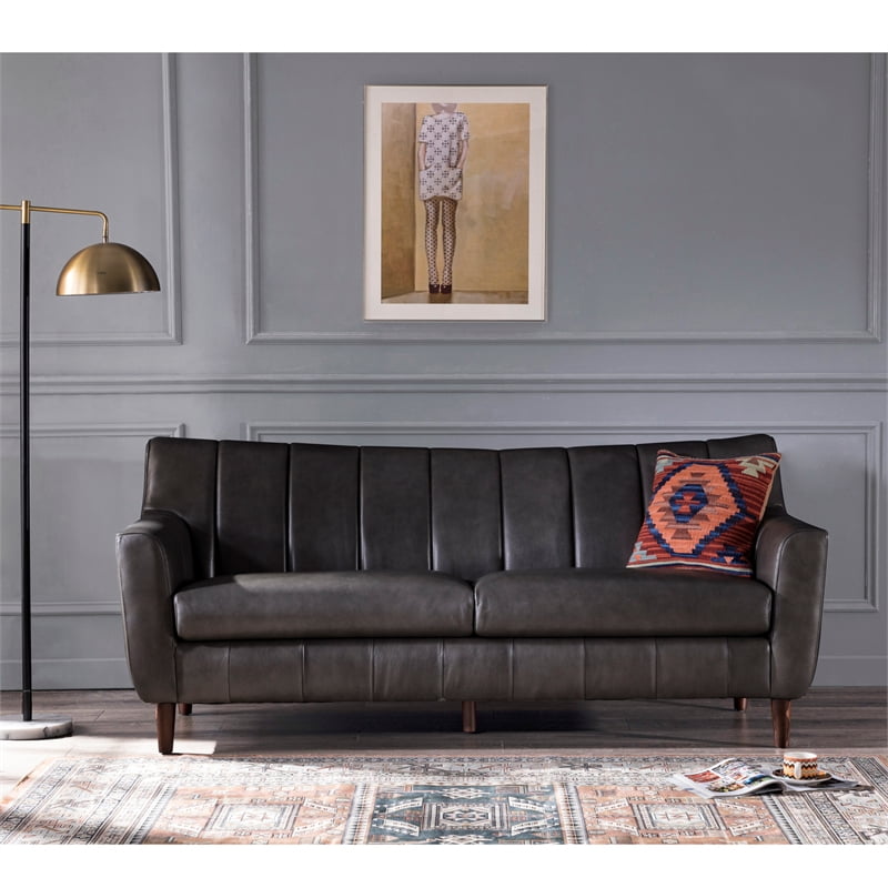 Perry Channel Back Leather Sofa In Gray, Small Scale Leather Furniture