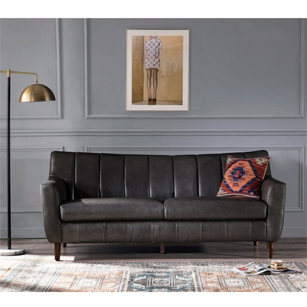 Bowery Hill Channel Back Leather Sofa, Small Scale Leather Sofa