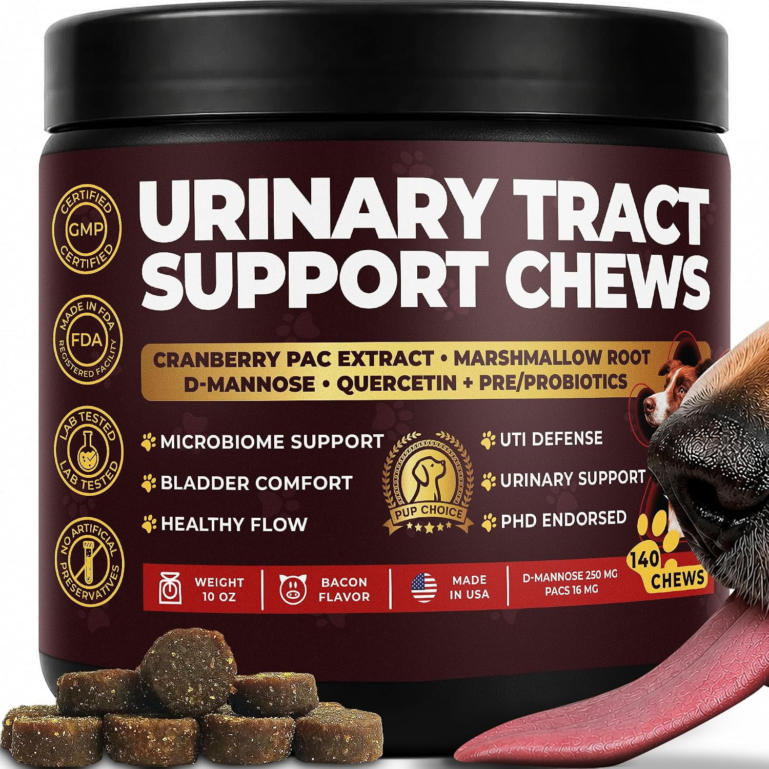 Pup Choice Dog UTI Chews, Cranberry Supplement for Dogs, Urinary Tract Support with D-Mannose & Probiotics, 140 Chews