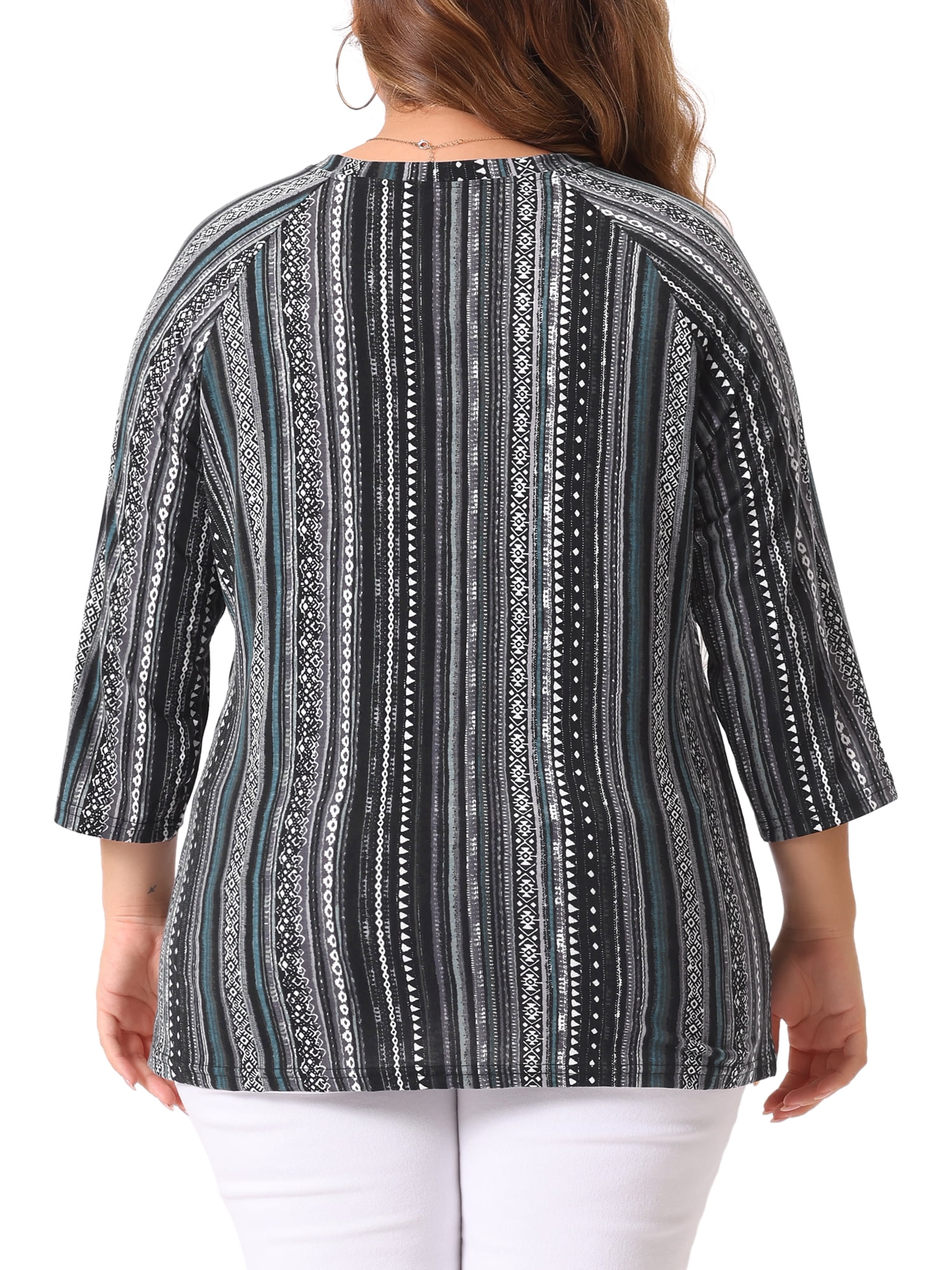 Women's Plus Tops V Neck 3/4 Sleeve Knit Blouse Tee Shirt Stripe Boho Tops 1X Black
