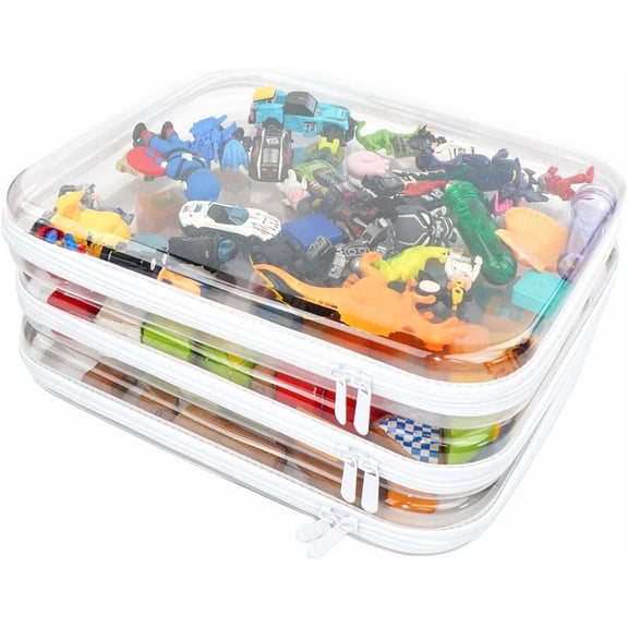 3PCS Clear Hard Shell Zipper Case,Toy Organizers and Storage Box,Clear Toiletry Cosmetic Case,Travel Makeup Bags, Pencil Case,Stackable Portable Transparent Zipper Pouches White-L