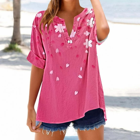Fartey V Neck Shirts for Women 2025 Summer Cotton Linen Short Sleeve Tunic Tops with Button Retro Flowers Print Tshirts Lightweight Breathable Beach Casual Blouses Multicolor L