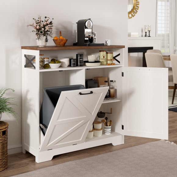 Vabches Tilt Out Trash Can Cabinet with Adjustable Shelf for 10 Gallon Trash Can, White
