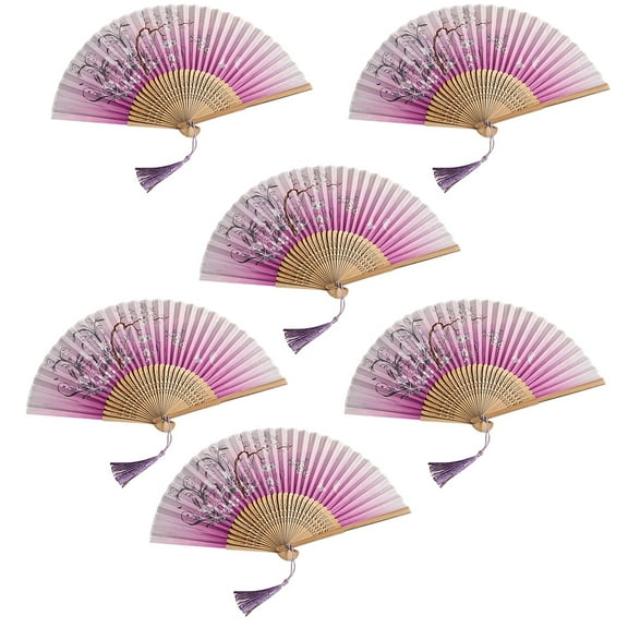 HUONA 6 Pieces Foldable Fans Handheld Silk Bamboo Fans Vintage Style Hand Held Folding Fans for Party Wedding Decoration Dance Fans Type 10