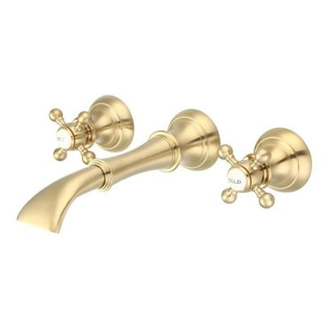 Water Creation Wall Mount Cross Handles Brass Lavatory Faucet in Satin Gold