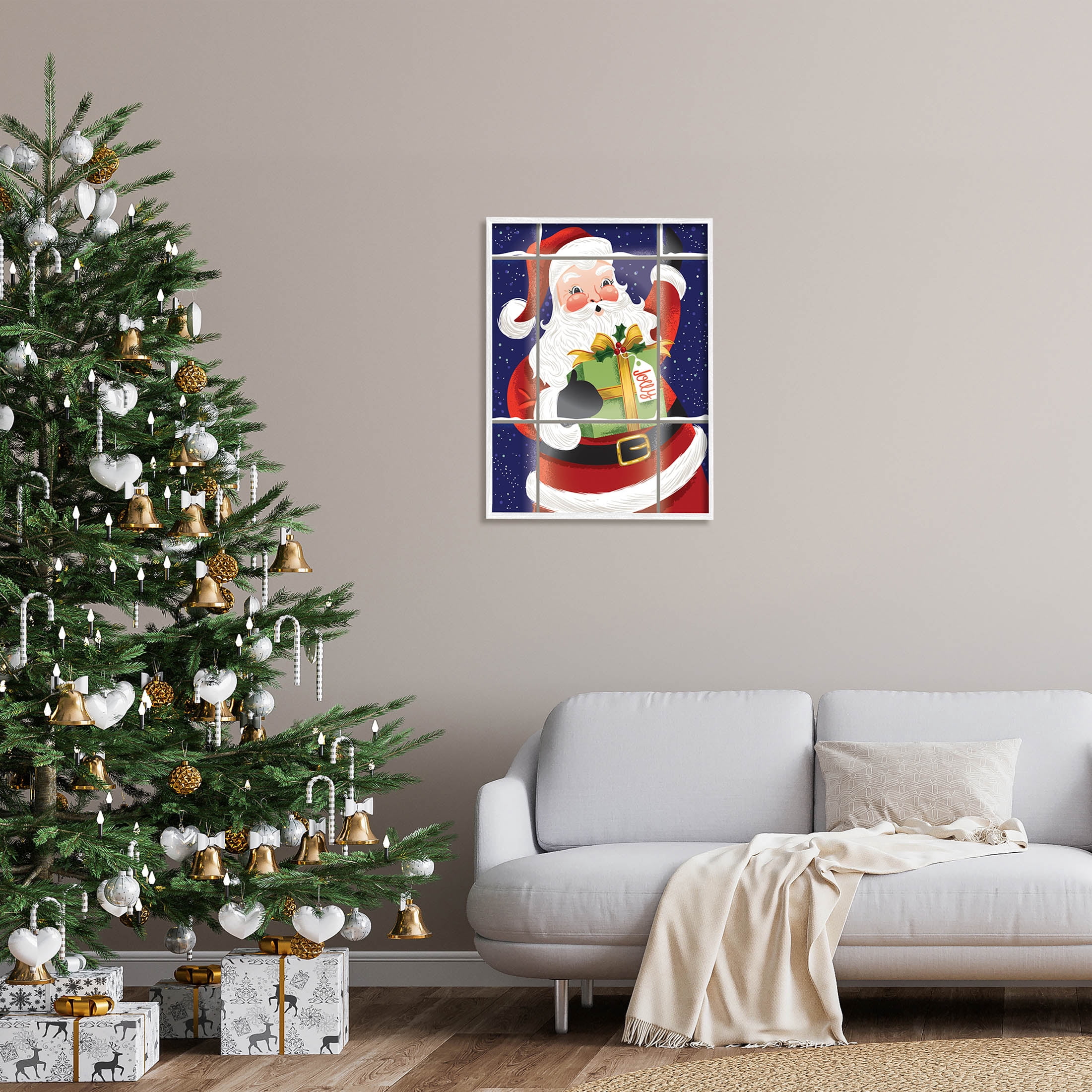Stupell Industries Vintage Jolly Santa Window Graphic Art White Framed Art Print Wall Art, Design by Arrolynn Weiderhold