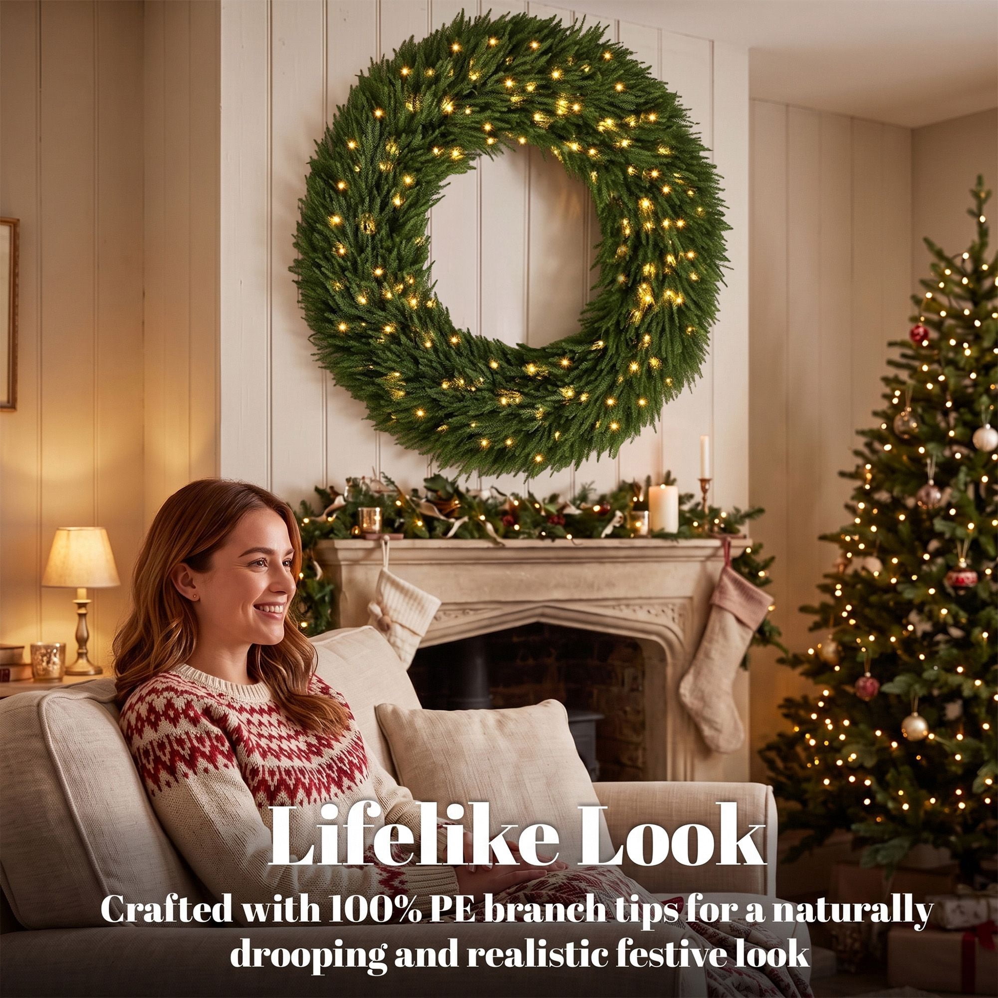 Pre-Lit Artificial Christmas Wreath, 48 in Norfolk Pine with 150 Warm White LED Lights, 770 Tips, Indoor and Covered Outdoor Holiday Door Decor