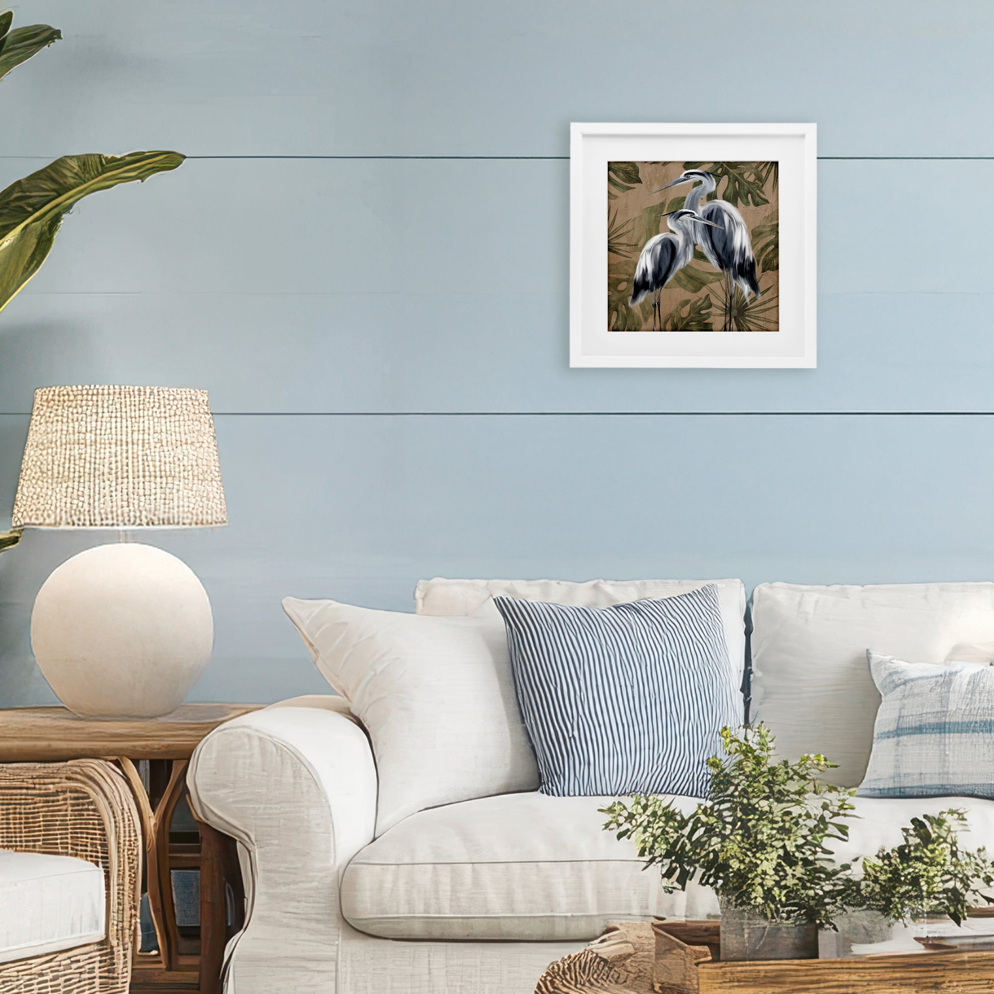 Stupell Industries Two Herons over Tropical Leaves White Framed Print Under Glass, design by Kim Allen