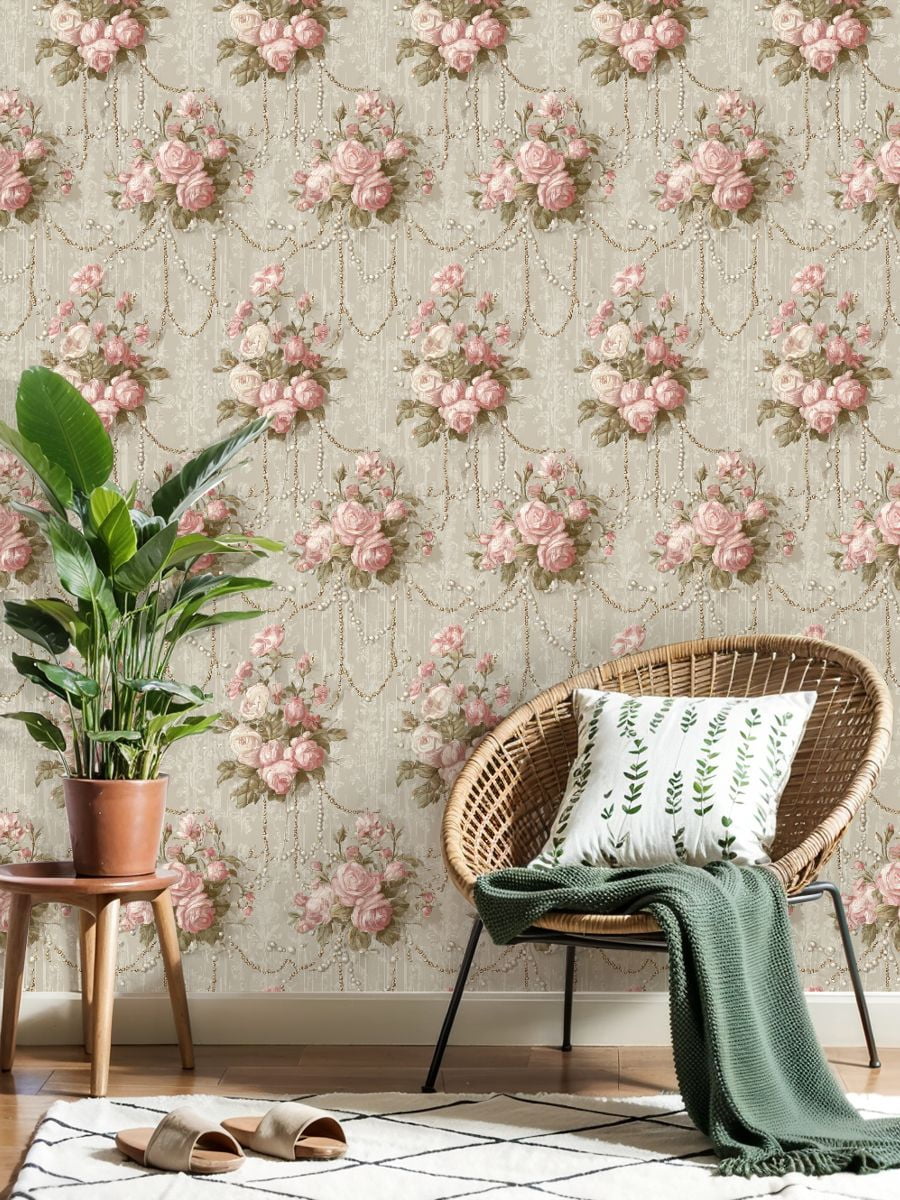 Peel and Stick Wallpaper Vintage Floral Rose Pearls Gold Accents Wall Mural 23.6in x 9.8ft Self Adhesive Removable Wall Paper Renter Friendly Wallpaper for Bedroom
