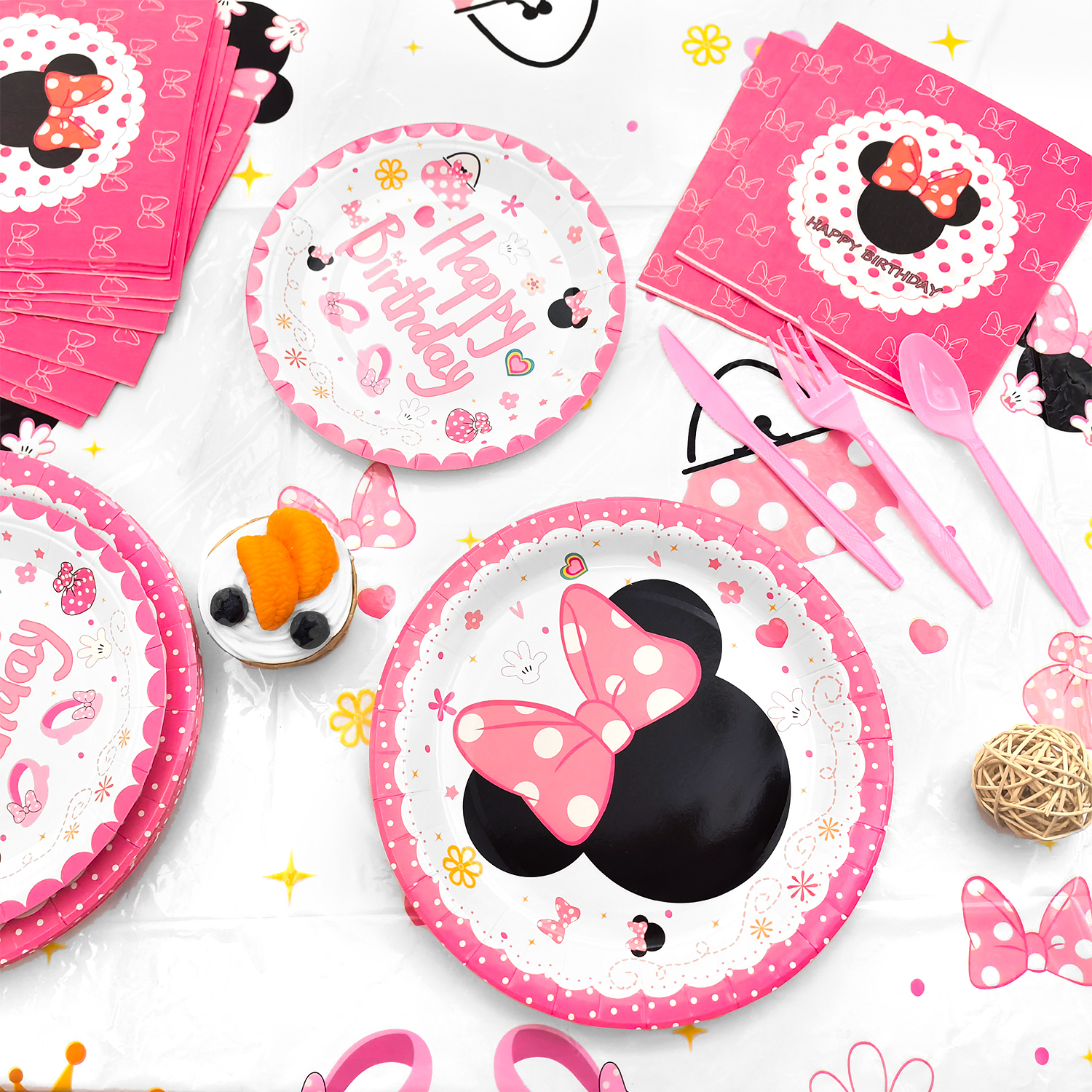 Minnie Birthday Party Supplies Tableware-113pcs Minnie Party Tableware Set Include Minnie Mouse Party Plates Cups Napkins Table Cloth Set ect Minnie Theme Party Decor, Serves 16