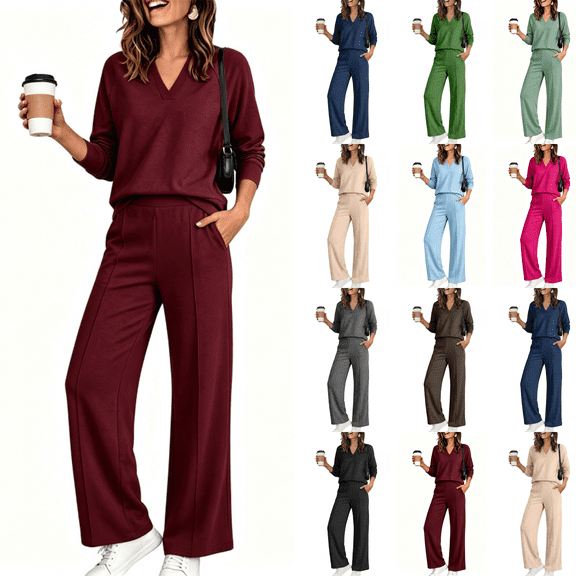 Women'S 2 Piece V Neck Lounge Set Matching Sweatsuits Lounge Sets For Women Airport Travel Outfits Comfy Athleisure Fall Winter Clothes Wide Leg Palazzo Pants