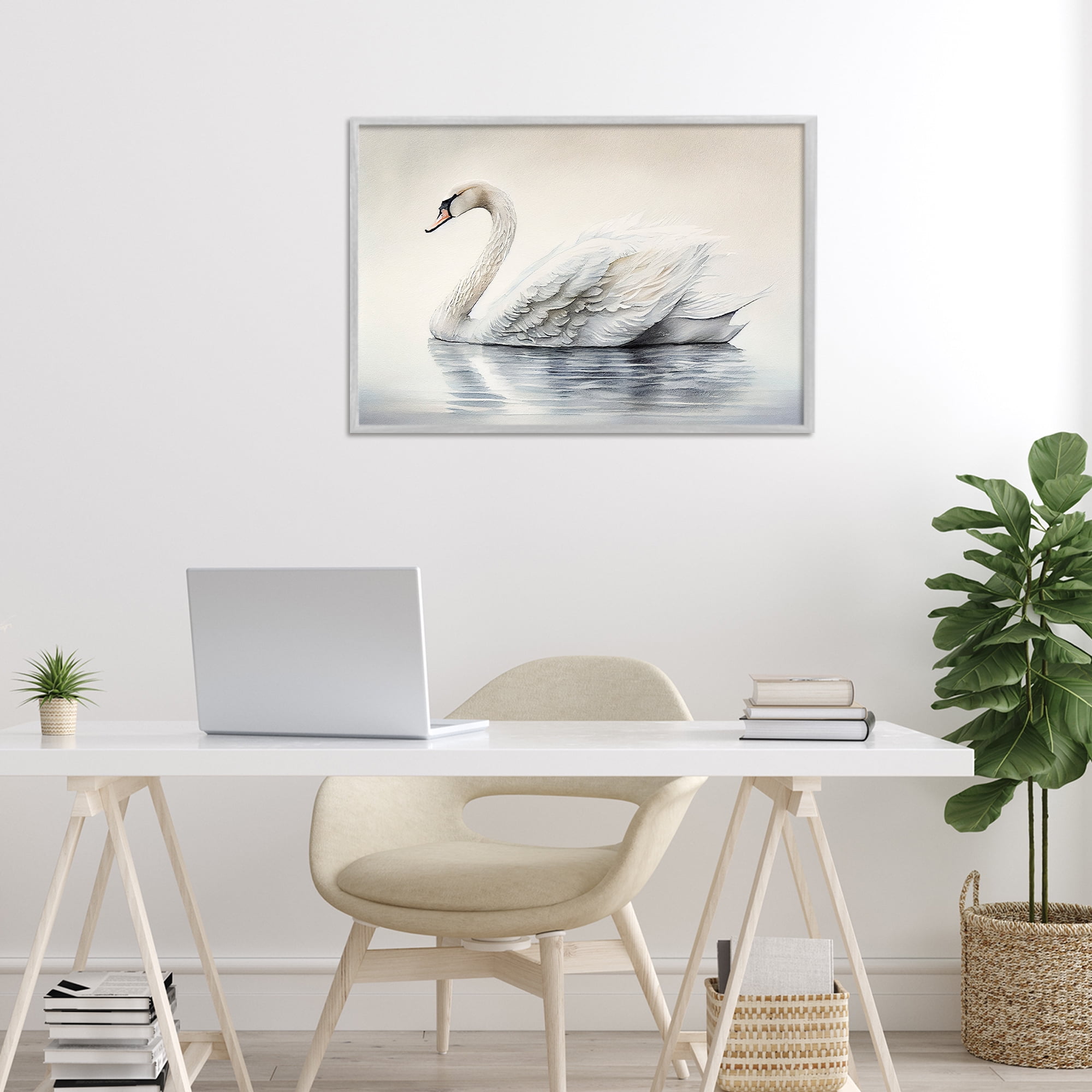 Elegant Floating Swan Gray Framed Giclee Art, design by Sasha