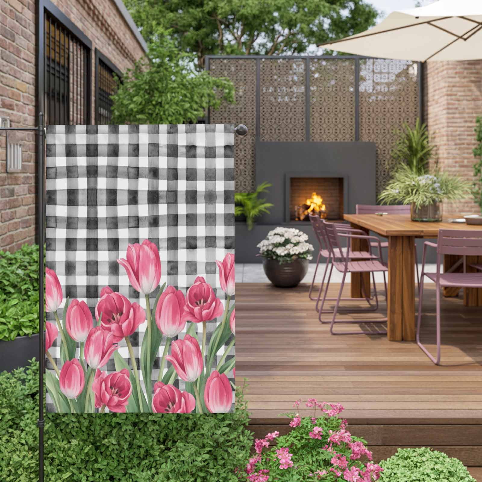 Pink Tulip Flower House Flags For Outdoor, Spring Floral Black White Plaid Green Leaf Small Double Side Yard Flags Weather Proof House Decor for Lawn Outside Holiday 28 x 40 Inches