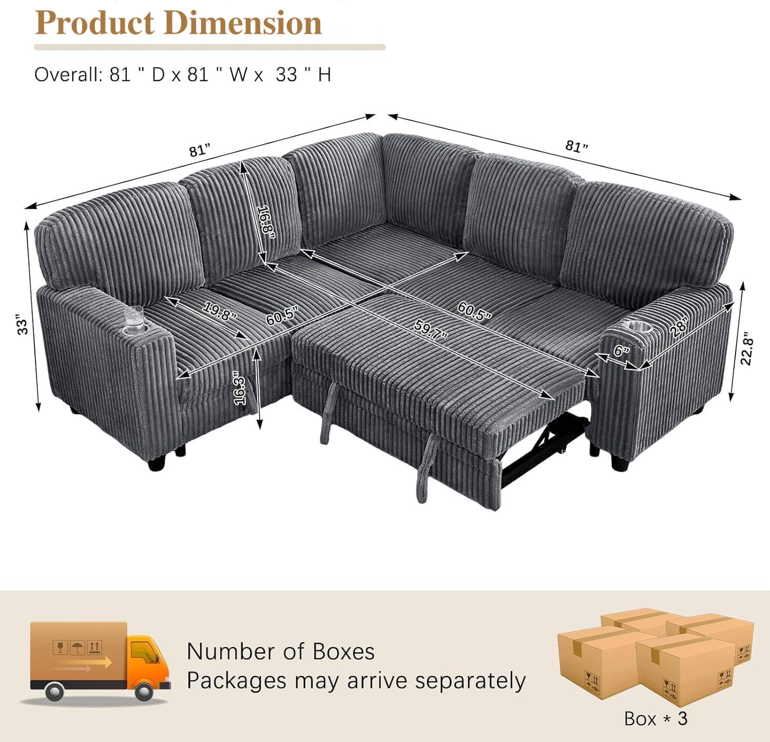 81" Modular Sectional Sofa, Corduroy Pull Out Couch Bed Sleeper Sofa Bed with Storage Seat, Cup Holders & USB/Type-C Ports, V Shaped Sectional Couch for Home Living Room (Grey)