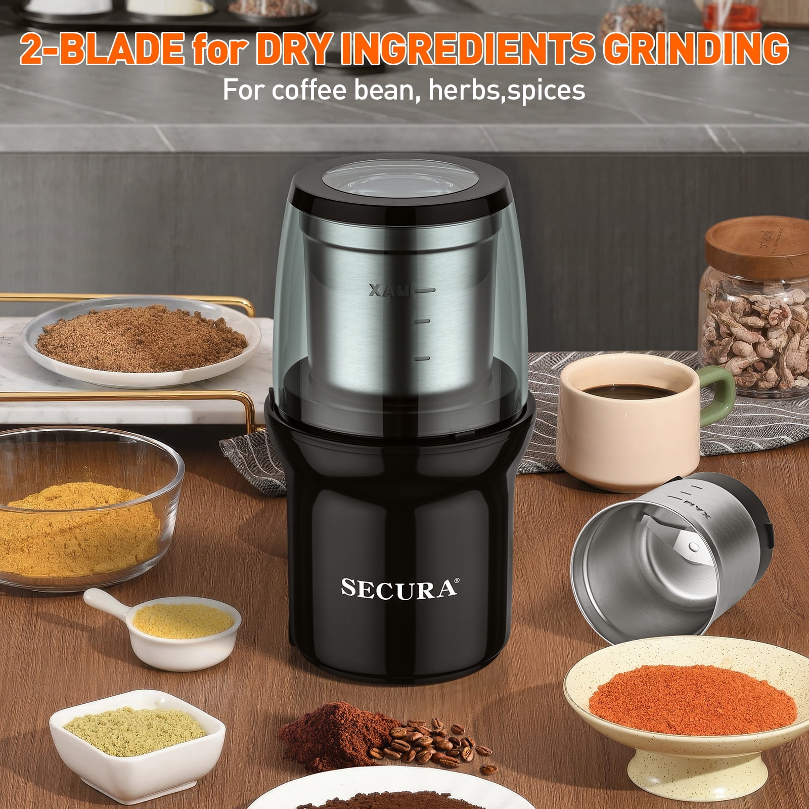 Secura Electric Spice Grinder, Dual Stainless Bowls for Wet & Dry Grinding, Multi-Use for Spices & Coffee