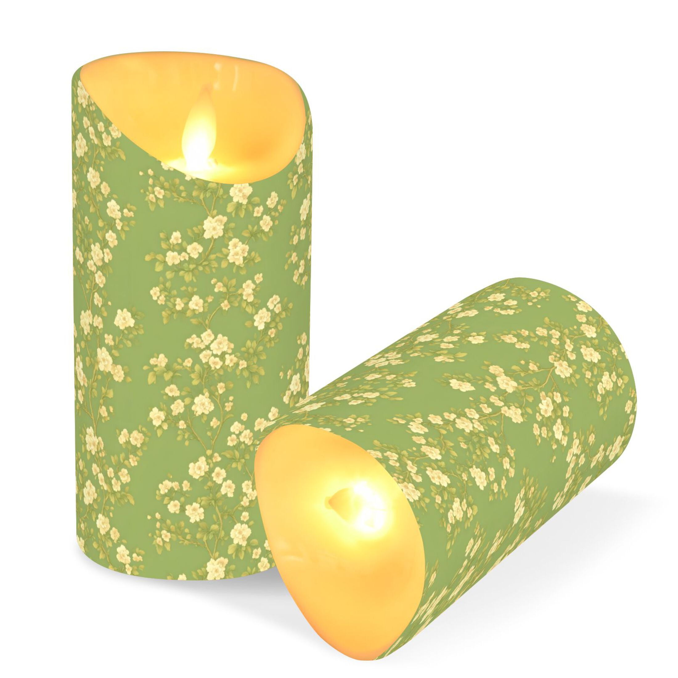 Green Floral Pattern Flameless Candles 2 PCS with Remote Realistic Moving Flame LED Tapered Pillar Set for Home Decor