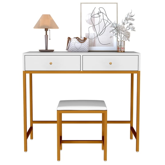Caulitar Writing Desk with Cushioned Stool Set, 2 Drawers, for Home Office, 35.4''x15.7'', White