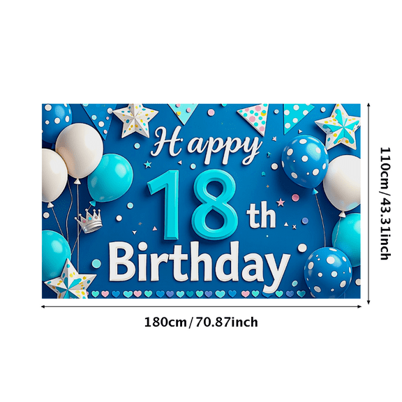 Blue Themed 18th Birthday Backdrop Banner with Balloons Stars Crowns, Happy Birthday Party Decorations Photography Props Party Supplies Background Decor