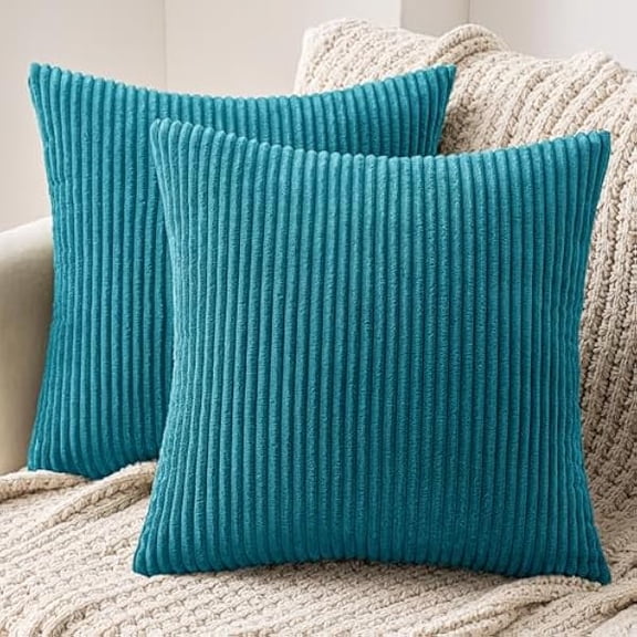Eryueer Set of 2 Striped Corduroy Square Throw Pillow Case Soft Cushion Cover Sham Home for Sofa Chair Couch/Bedroom Decorative Fluffy Large Pillowcases 18x18 Inch 45x45cm Lake Blue