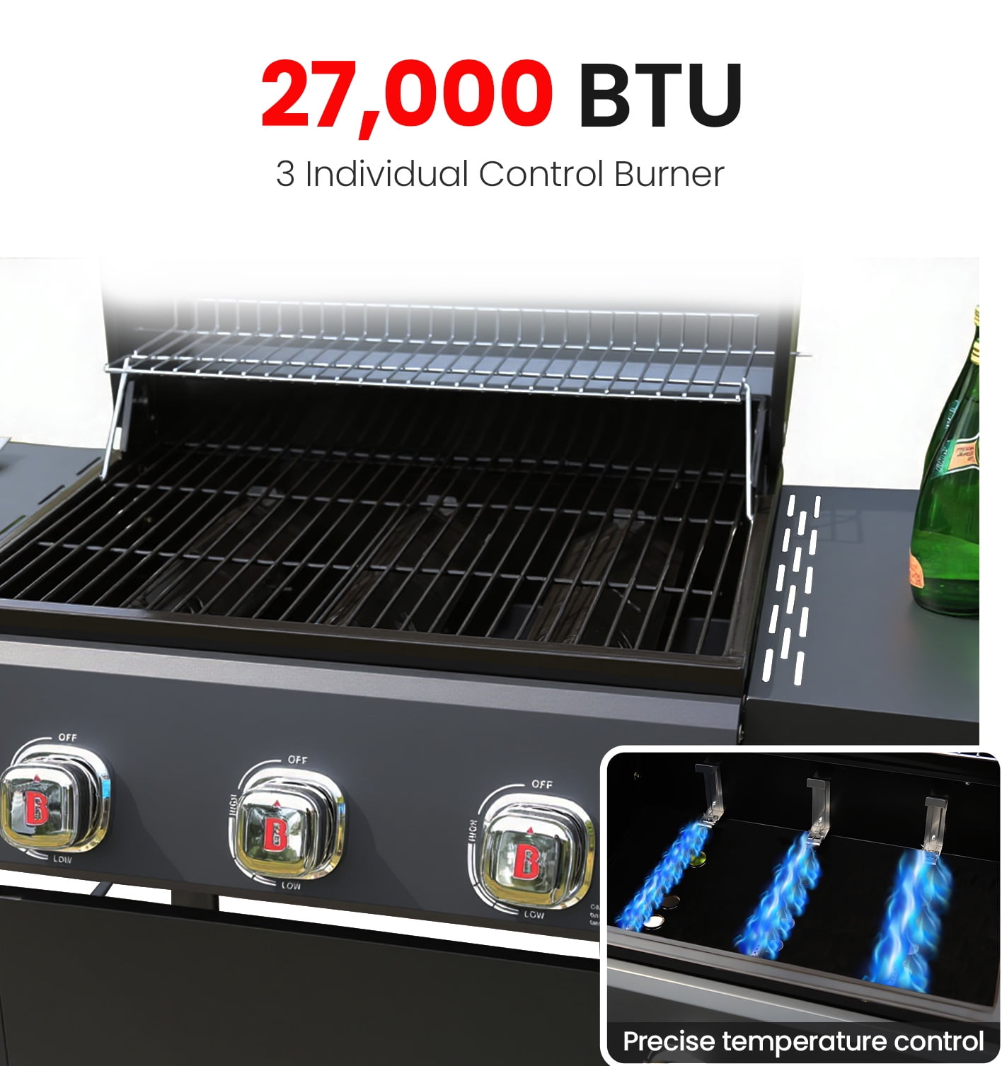 Brand-Man Grills Propane Gas 3 Burner Grill with Side Table for BBQ, Outdoor Cooking Grill with Wheel