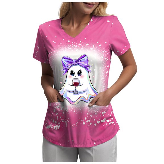 felwors Womens Short Sleeve Printed Scrub Tops Plus Size Medical Nursing Tops Scrubs with Pocket Light Pink for Size XL