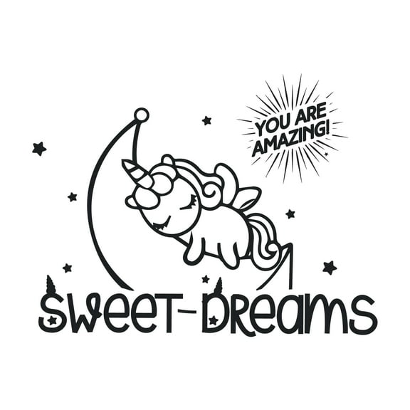 Sweet Dreams Cute Unicorn Sleeping On Moon Vinyl Wall Design Wall Art Sticker Designs Vinyl Stickers For Home House Walls Rooms Windows Bedroom Decoration Size (28x28 inch)