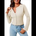 thumbnail image 2 of Suéteres Cortos para Mujer, con Botones, Larga, Cuello en V, Punto Acanalado, Corte Ajustado, Tops Cortos Albaricoque M, 2 of 10
