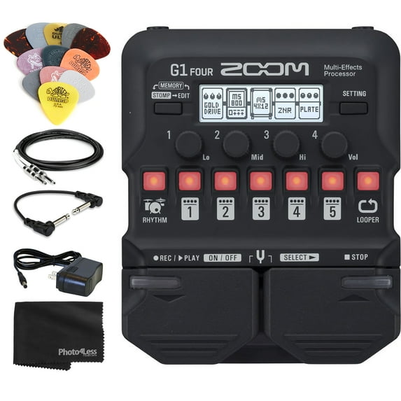 Zoom G1 FOUR Guitar Multi-Effects Processor Pedal with Right Angled Guitar Patch Cable, Power Supply, Picks and Cloth