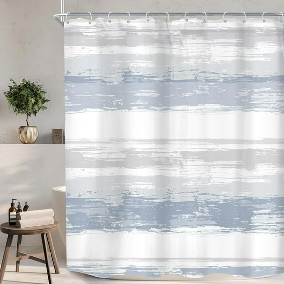 Abstract Striped Shower Curtain Modern Aesthetic Minimalist Geometric Simple Neutral Watercolor Painting Fabric Waterproof Polyester 12 Pack Hooks Blue Grey 84Wx72H Inches Bathroom Decor