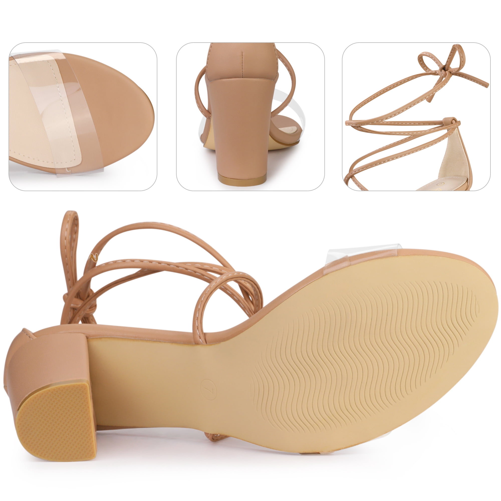 Unique Bargains Women's Lace-Up Clear Strap Block Heels Sandals