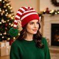 thumbnail image 2 of Christmas Knitted Hat with Puff Ball Unisex Striped Winter Hat for Men, Women Stretchy Santa Hat for Holiday Parties, Costume, Daily Wear Red, 2 of 5